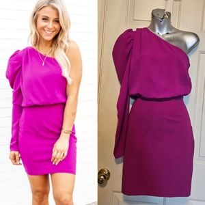 pink lily magenta One Shoulder Puff-Sleeve Bodycon Dress